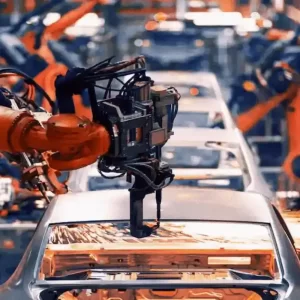 Robotic arms used at a vehicle manufacturing plant